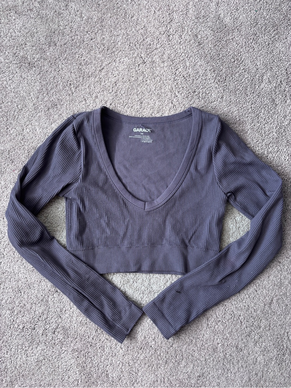 Garage Ribbed Long Sleeve V-Neck Crop Top - Purple